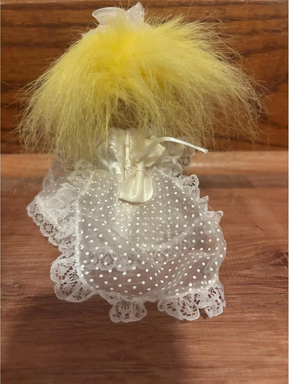 Troll Doll Vintage Bride Troll Yellow Hair Lace Wedding Dress with Trail 5”